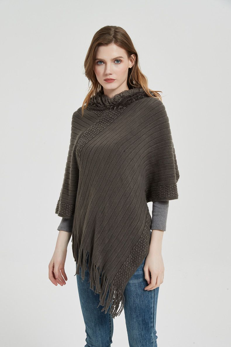 European and American shawl women's spring, autumn and winter new solid color striped tassel hooded cape_voghion.com