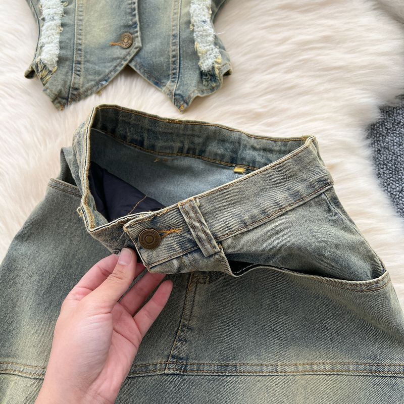 Women's Clothing Retro Washed Distressed Halter Neck Sleeveless Lapel Raw Edge Denim Top Slit Slim Skirt Two Piece Set_voghion.com