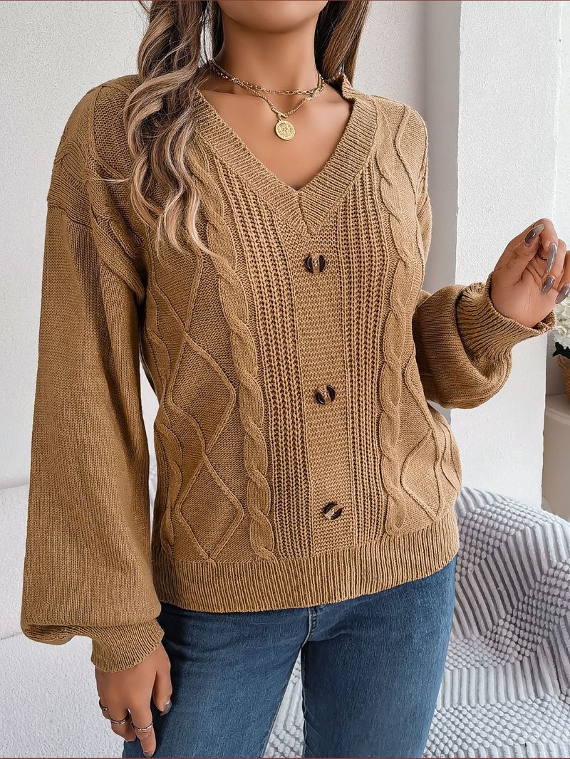 Maglione pullover a maniche lunghe in maglia a trecce con scollo a V, tinta unita, con bottoni, autunno inverno 2024, moda donna_voghion.com