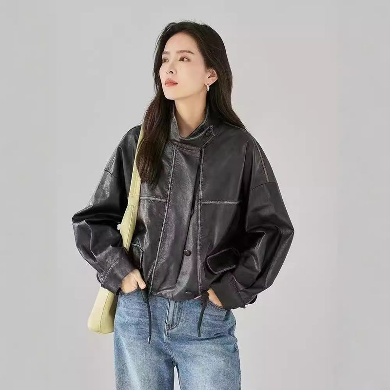 Trench-coat court élégant à col montant pour femme, nouvelle veste en cuir à cordon de serrage, style banlieue, automne 2024_voghion.com