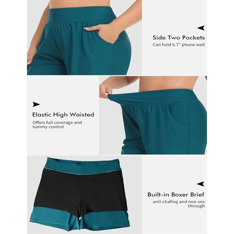 CHARMLEAKS Plus Size Swim Shorts For Women High Waisted Board Shorts Tankini Swimsuit Bottom With Pockets_voghion.com