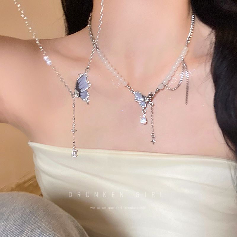 Cool butterfly tassel pearl necklace for women summer new clavicle chain sweet and cool versatile temperament girlfriend accessories_voghion.com