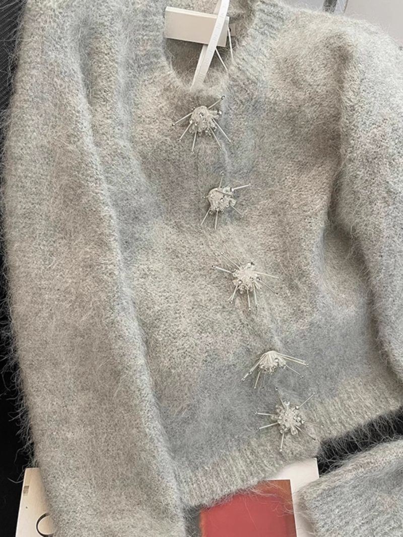 Retro Mohair Sweater Women's Chunky Knit Vintage Pullover Diamond Button Winter Warm Soft Casual Top_voghion.com