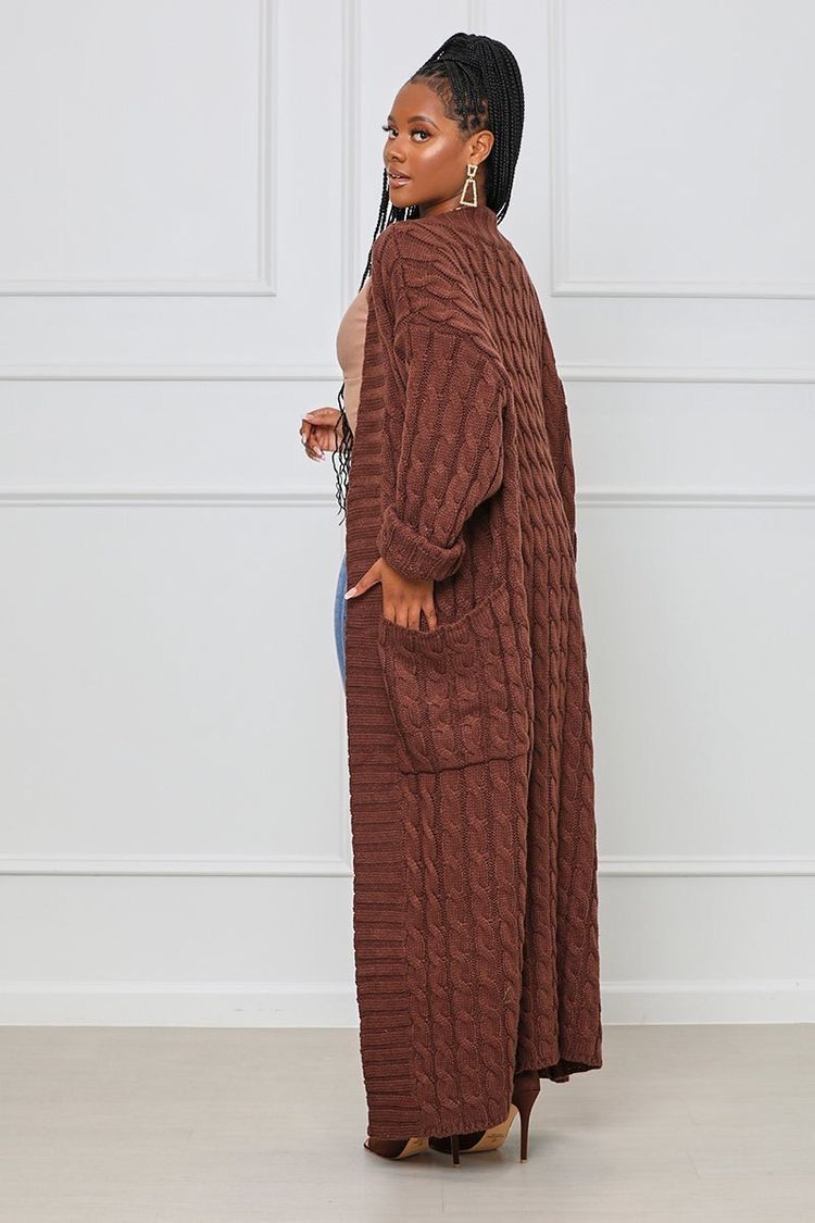 Damenbekleidung Locker gestrickte Strickjacke, gemütliche, übergroße Strickjacke mit Taschen, langer Zopfmuster-Pullovermantel, lockerer Boho-Chic, offene Vorderseite_voghion.com