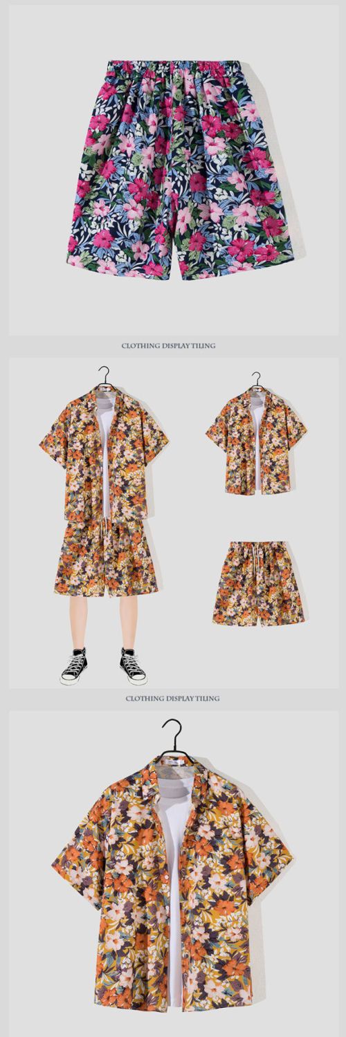 Men's Hawaii seaside beach vacation suit men's loose plus size couple trendy short-sleeved floral shirt casual two-piece set_voghion.com