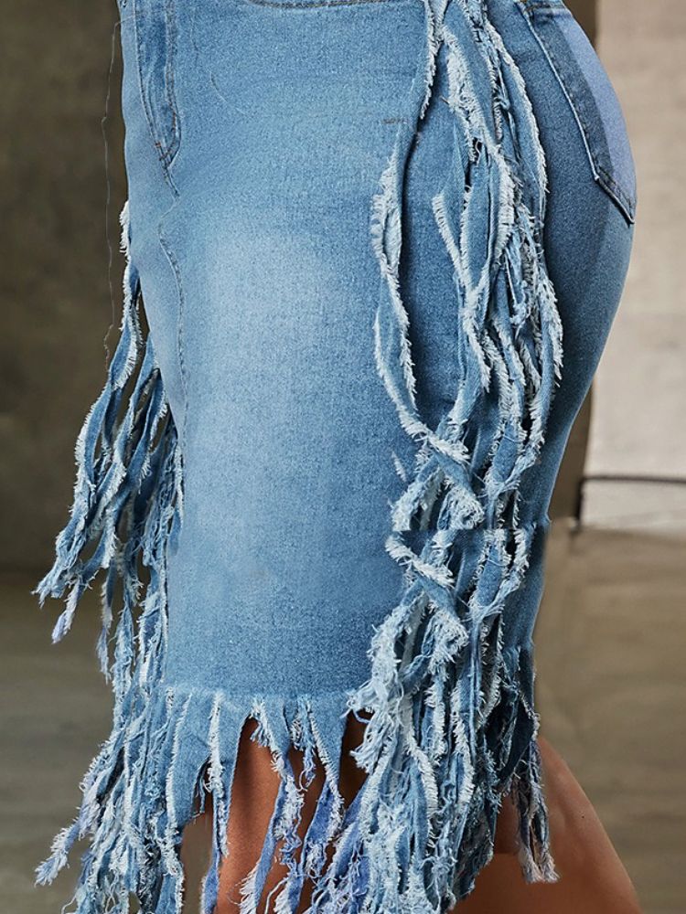 K Fashionable Trend Sexy Denim Fringed Midi Skirt_voghion.com