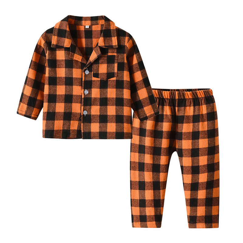 Çocuk Ev Giyim Bahar Ekose Uzun Kollu Pamuk Hırka Rahat Pijama Pantolon İki Takım Pijama_voghion.com