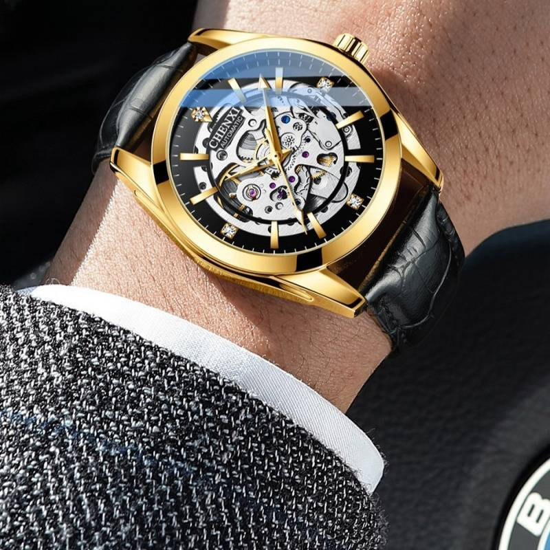 Round automatic mechanical watch leather strap skeletonized luminous waterproof shockproof pin buckle_voghion.com