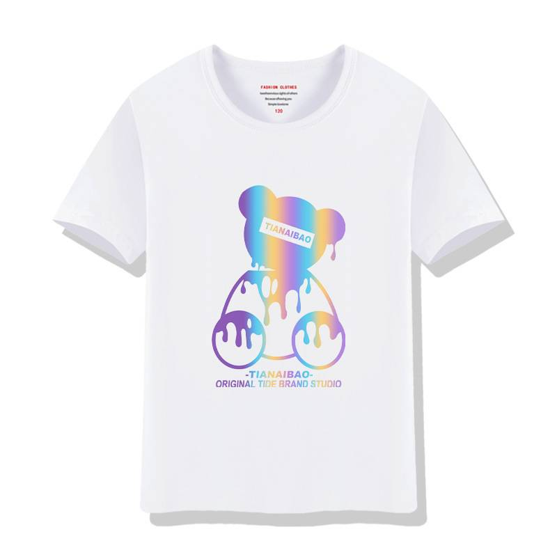 Παιδικά ρούχα για αγόρια κοντομάνικο μπλουζάκι 2024 νέο παιδικό καρτούν καλοκαιρινό αντανακλαστικό αρκουδάκι παιδικά ρούχα από καθαρό βαμβάκι εκτύπωση με στρογγυλή λαιμόκοψη_voghion.com