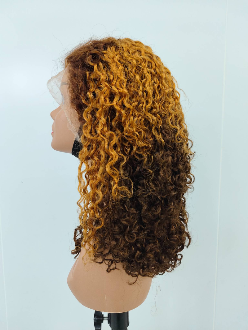 Afro Kinky Krøllete Parykk med Blonde Closure, Brunt, 20 tommer, Krøllete Parykker med Ekte Hår_voghion.com