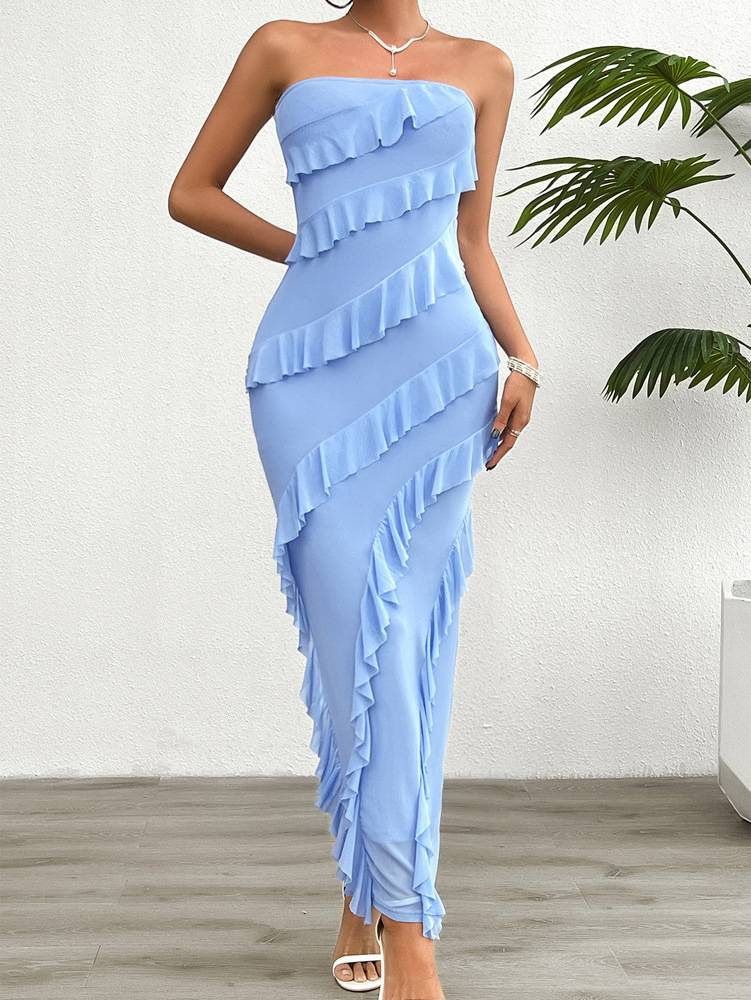 Women's Elegant Sleeveless Halter Neck Dress - Solid Color Multi-Layer Ruffle Summer/Autumn Dress (Fashionable & Stylish)_voghion.com