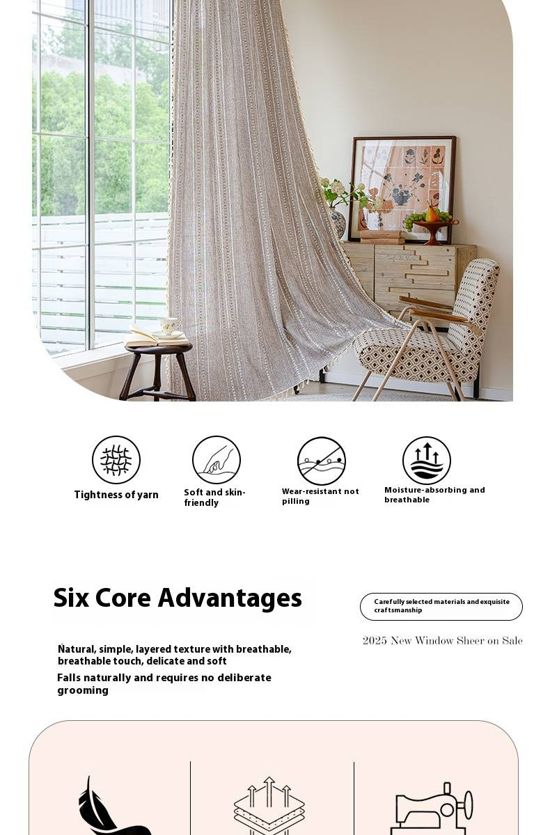 Cortinas semitransparentes de algodão e linho - Bordados minimalistas e designs listrados para cozinha, quarto e divisórias de ambientes (várias cores e tamanhos disponíveis)_voghion.com