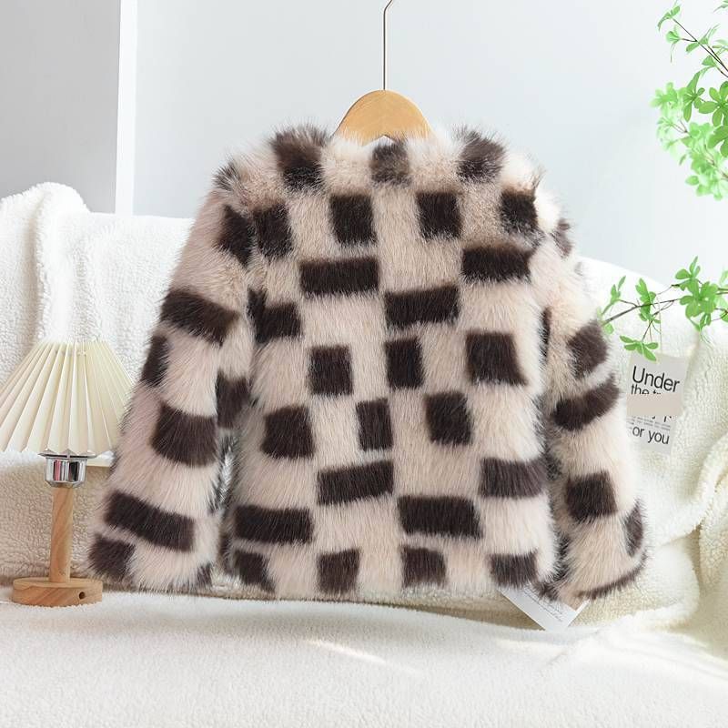 Manteau d'hiver en fausse fourrure pelucheuse pour enfants - Veste chaude et élégante à carreaux colorés pour filles, douce et confortable, à carreaux marron, 90-160 cm_voghion.com