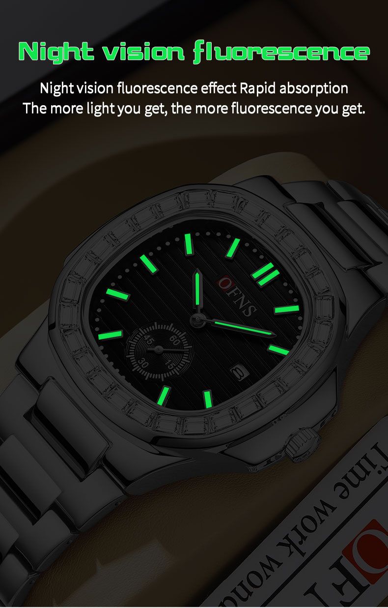 Elegant vierkant dameshorloge met kristallen, datumweergave, lichtgevende wijzers en roestvrijstalen band. Dameshorloge met quartzhorloge en kalender._voghion.com