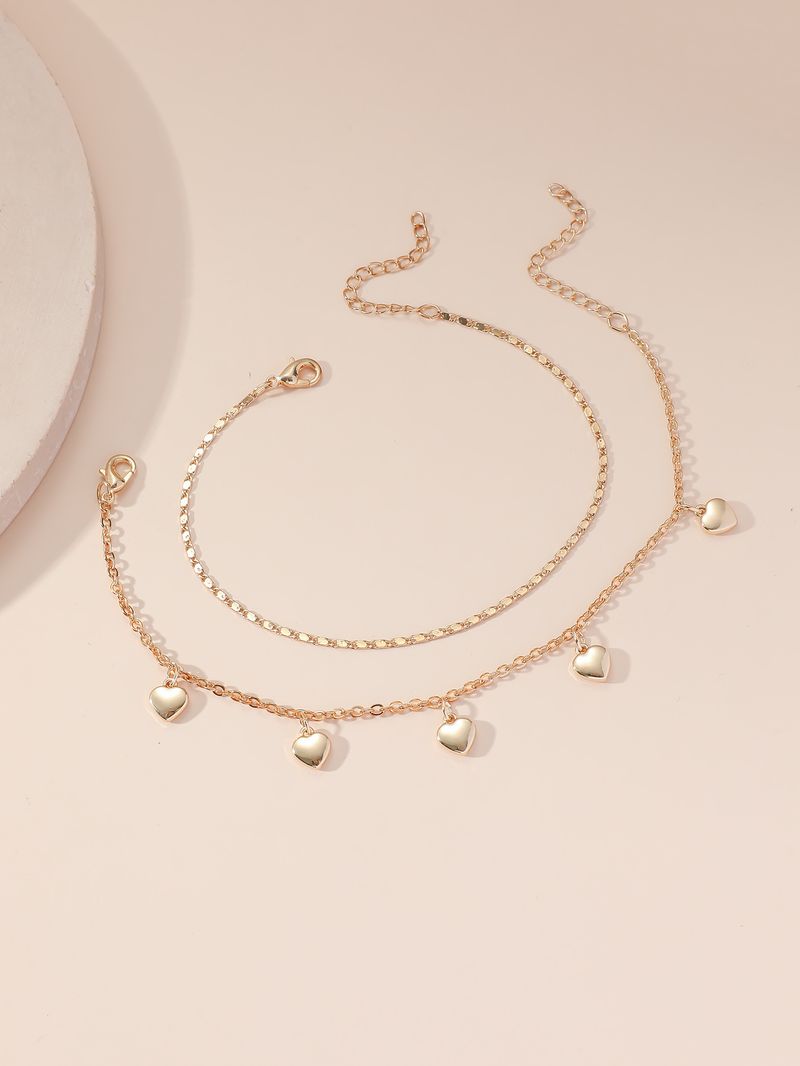 Fashion Simple Double Layer Inlaid Diamond Anklet For Women, Unique Creative Heart Pendant Beach Chain_voghion.com