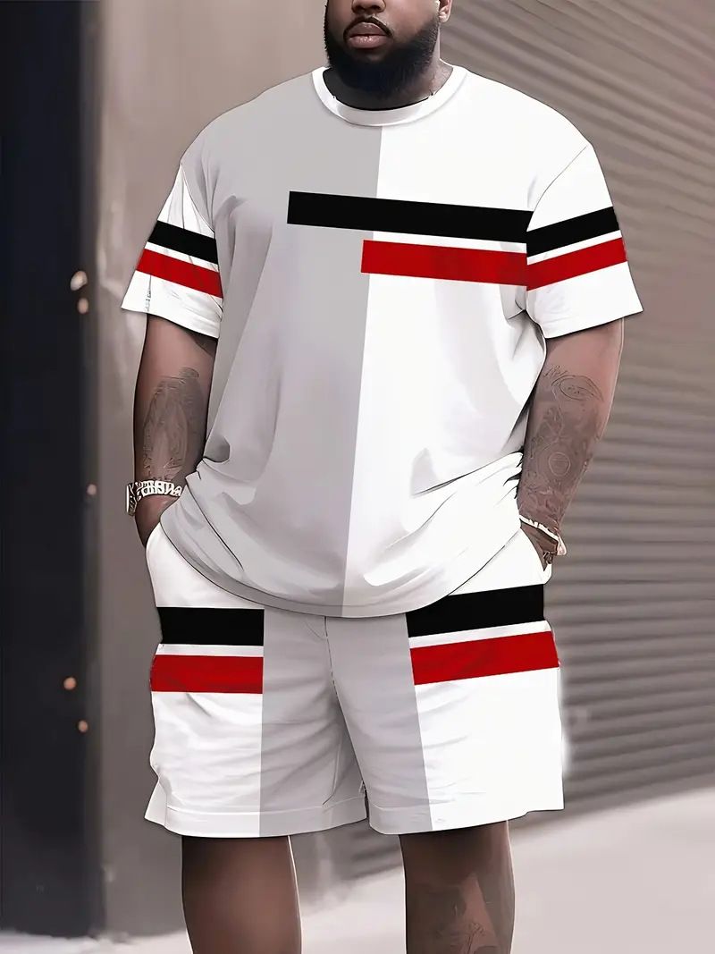 Herrenbekleidung Plus Size Sommer T-Shirt Shorts Anzug Muster Spleißen 3D Digitaldruck Lässiger Strandhosenanzug_voghion.com