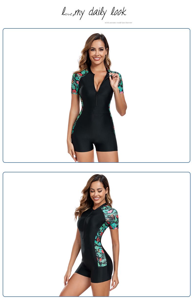 Women's Short Sleeve Rash Guard Swimsuit - One-Piece With Front Zipper UPF 50+ & Slim Fit For Surfing & Swimming_voghion.com