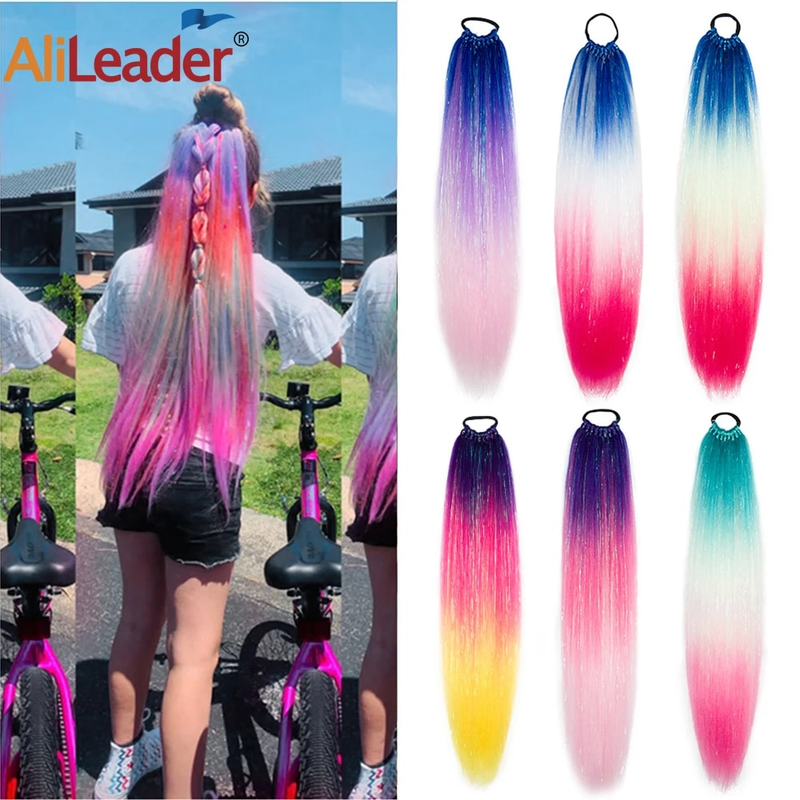 Synthetic Ombre Glitter With Elastic Tie 24Inch Long Jumbo Ponytail Hair Extension For Braiding_voghion.com