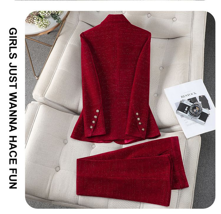 Ensemble tailleur en laine premium pour femme – Blazer et pantalon élégants pour le bureau et les occasions formelles (Kaki/Noir/Rouge, S-4XL)_voghion.com
