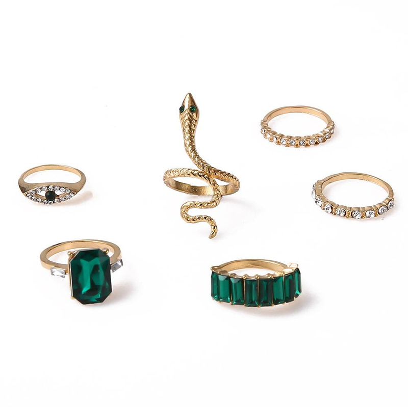 Boho Emerald Snake Ring Knuckle Rings Sets Crystal Finger Rings Gold Serpent Stackable Joint Rings Vintage Midi Rings Jewelry Gifts for Women _voghion.com