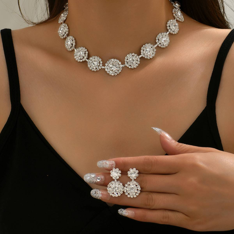 2 STÜCKE Beliebte Schmuck-Set Luxus Hochzeit Party frauen Schmuck Runde strass Halskette Ohrring Set_voghion.com