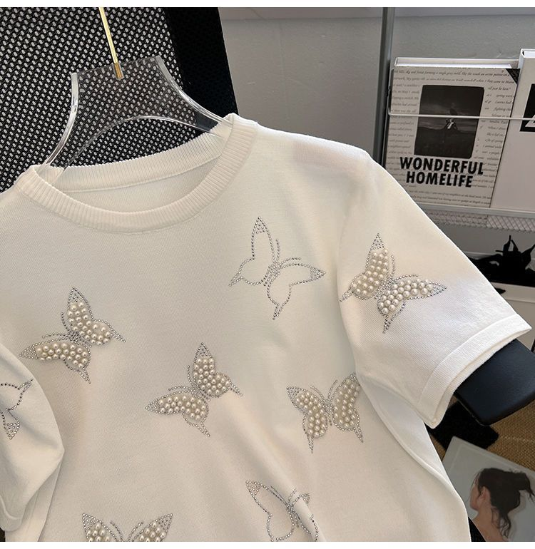 Women's Nail Bead Butterfly Knitted T-shirt High Waist Wide Leg Pants Cowboy Two Piece Set_voghion.com