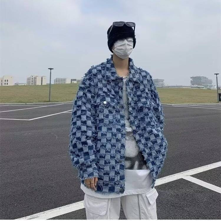 Men's Distressed Checkerboard Denim Jacket High Street Oversized Workwear Coat For Spring & Fall_voghion.com