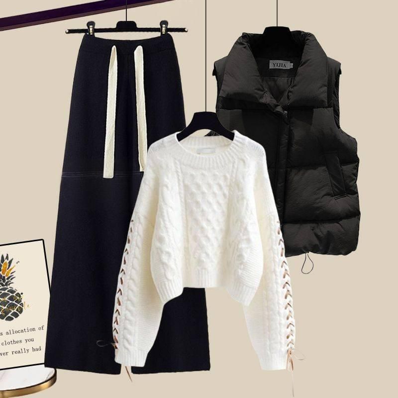 Women's Clothing Plus Size Women's Knit Sweater Vest & Pants Set - Trendy 3-Piece Outfit For Fall & Winter (Black Vest + Khaki Sweater + Khaki Pants)_voghion.com