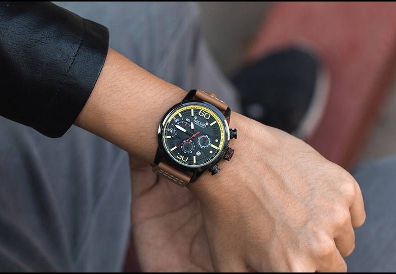 Orologio cronografo da uomo – Cinturino in vera pelle da 53 mm con lancette luminose e data (movimento al quarzo, resistente all'acqua)_voghion.com