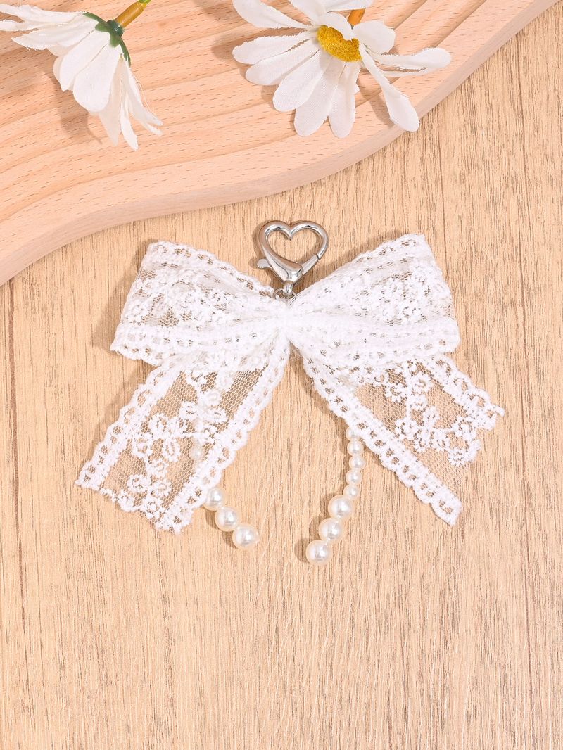 French Style Pearl Lace Bow Keychain For Women Sweet Elegant Earphone Case Bag Car Key Pendant_voghion.com