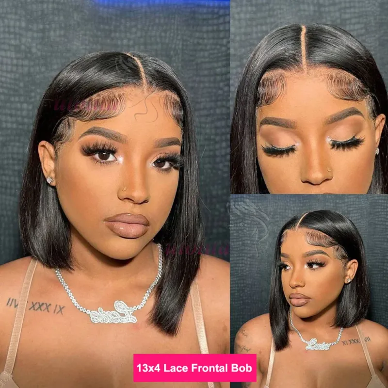 Kort Bob Paryk Brasiliansk Hår Glat Ægte Hår Lace Frontal Parykker Til Kvinder 13x4 HD Lace Parykker Ægte Hår_voghion.com