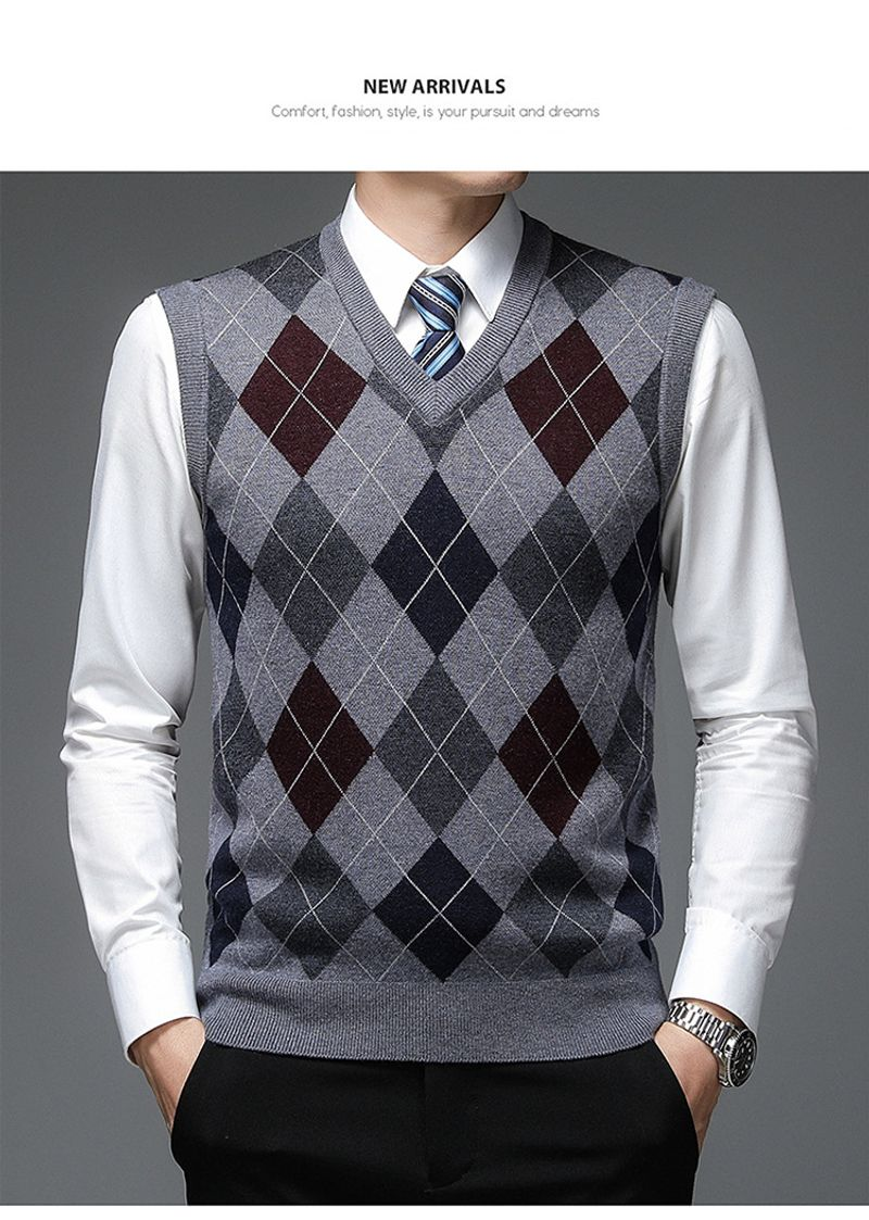 Novo outono designer de moda marca argyle pulôver diamante camisola com decote em v malha colete 6% lã sem mangas roupas masculinas casuais_voghion.com