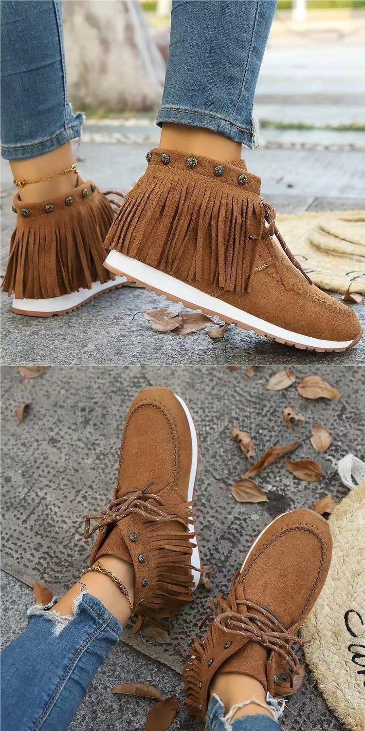 Large size short for women, new autumn and winter 2024 suede lace up flat bottom fringed boots_voghion.com