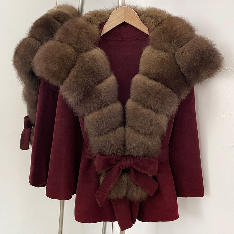 Cappotto di lusso in lana double-face con collo in pelliccia di volpe – Elegante cappotto in tweed ispirato alla moda francese_voghion.com