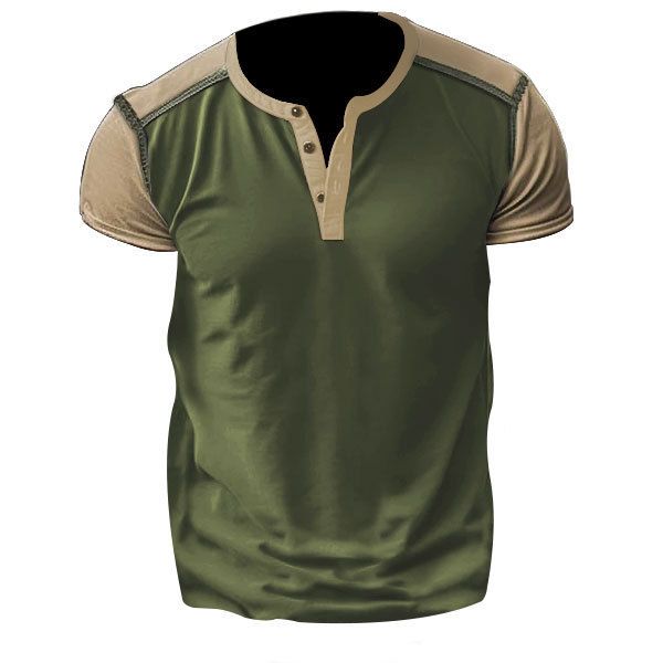 2024 Summer New Men's Colored Short sleeved Henley Shirt American Button T-shirt_voghion.com