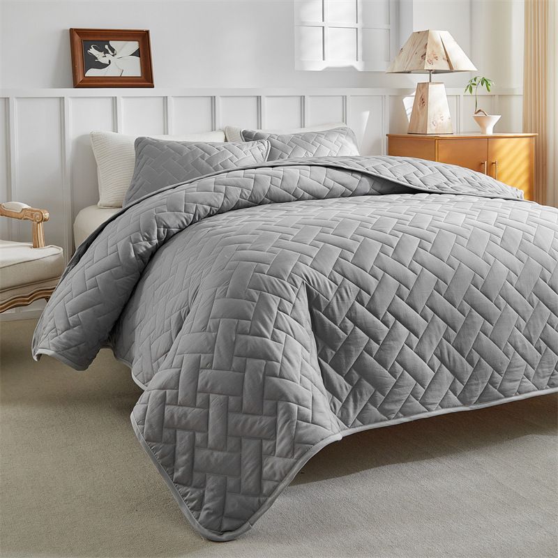 Completo copriletto trapuntato moderno in tinta unita - Copriletto jacquard da 3 pezzi con cuciture geometriche, piumone leggero per tutte le stagioni_voghion.com