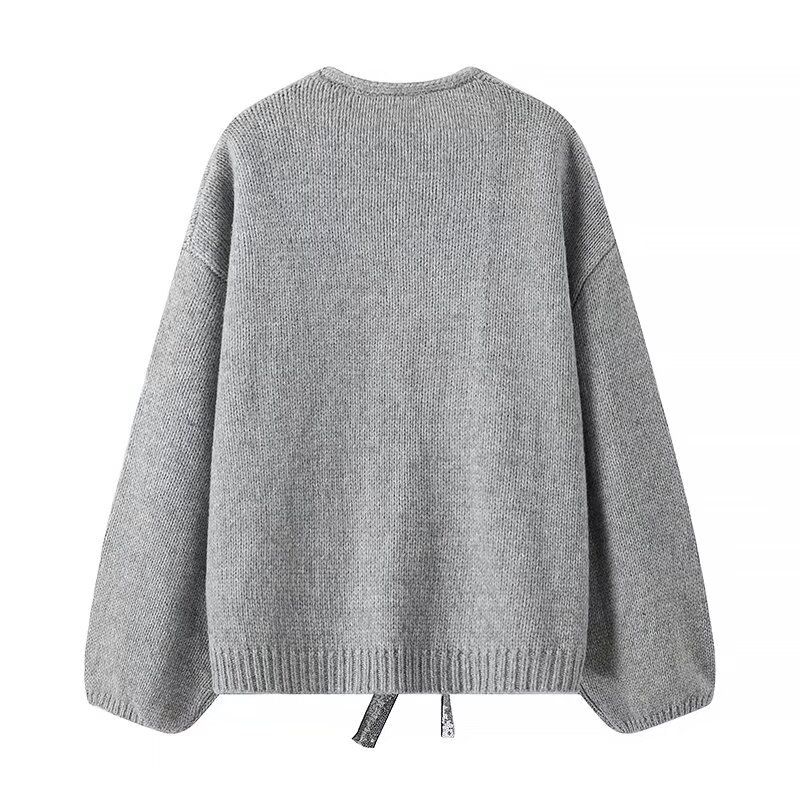 Cardigan en tricot ample à paillettes, deux couleurs, avec nœud de personnalité décoré, à la mode pour femmes_voghion.com