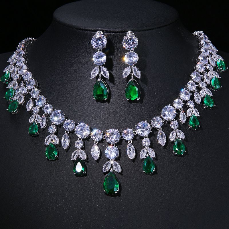 Women's Jewelry Elegant Bridal Wedding Drop-Shaped Emerald Zirconia Necklace And Earrings Set For Bridesmaids And Special Occasions_voghion.com