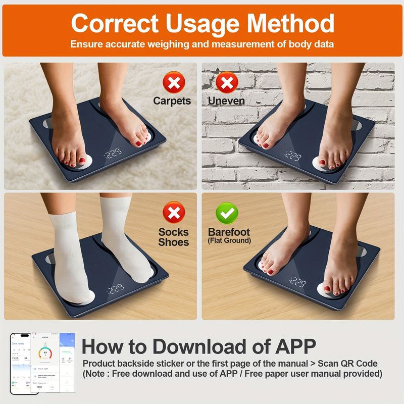 Tracker de santé intelligent Body App, grand écran LCD, verre épais en acier inoxydable, capacité de charge de 180 kg/396 lb,_voghion.com