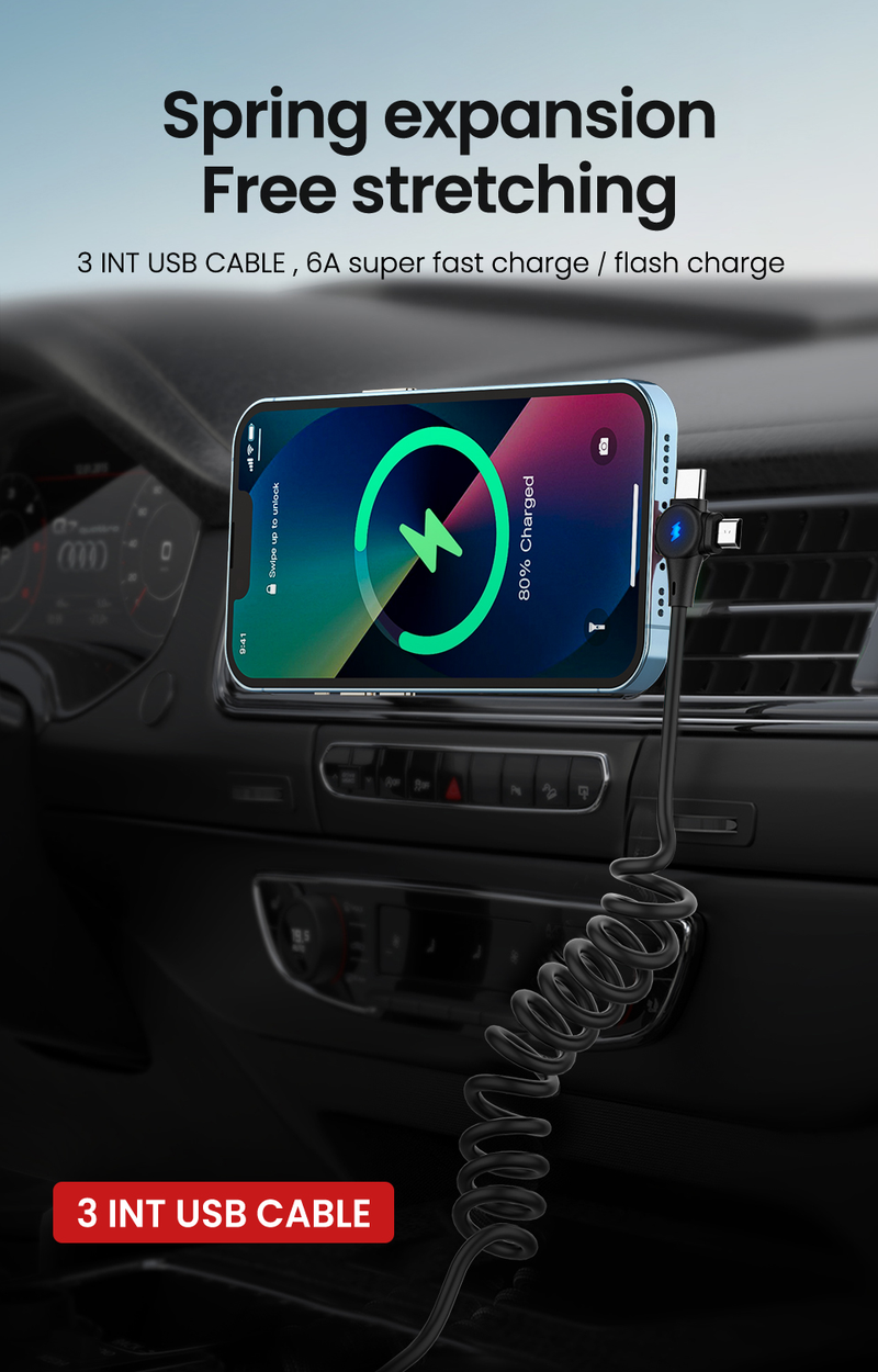 6A 3-in-1 0.65M spring cable suitable for Huawei Xiaomi Samsung Micro 8-pin C-type fast charger suitable for i_voghion.com