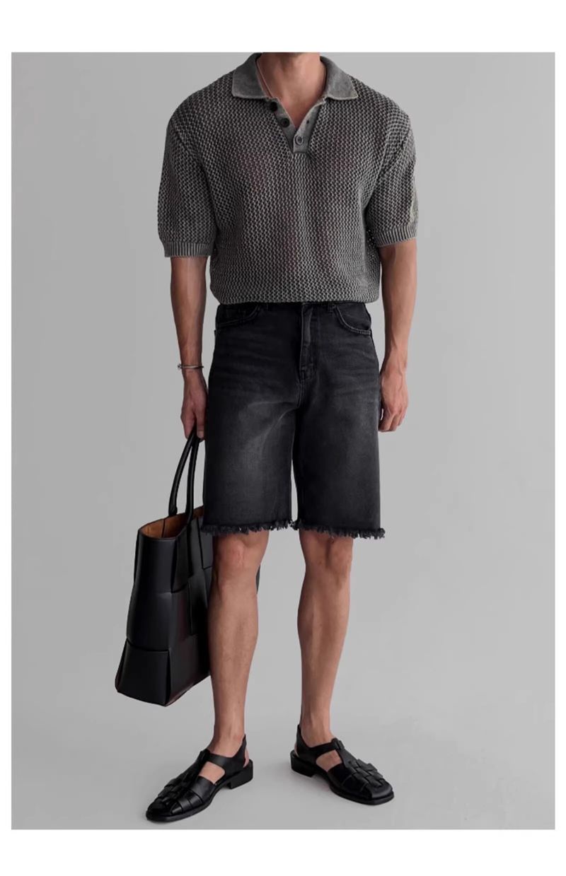 Maglione lavorato a maglia a maniche corte con risvolto, da uomo, in seta ghiacciata, a nido d'ape, con linea spessa, estivo_voghion.com
