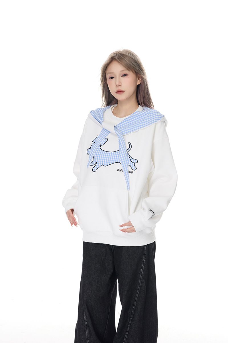 2025 Autumn New American College Puppy Embroidery Bow Hoodie Unisex Lazy Style Top_voghion.com
