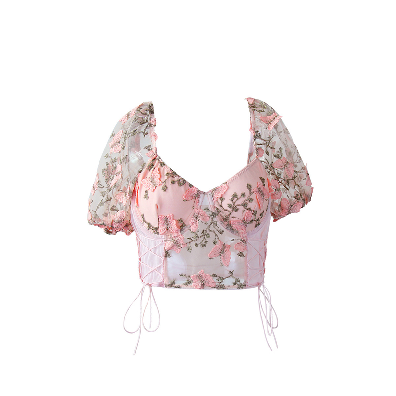 Maglietta da donna a maniche corte con scollo a V e ricami a farfalla, in rete trasparente con cuciture, slim fit_voghion.com