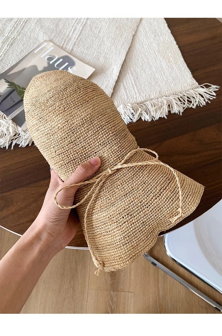Cappello da pescatore in paglia, da donna, estivo, a tesa larga, con protezione solare, per le vacanze al mare, fatto a mano e finemente intrecciato_voghion.com