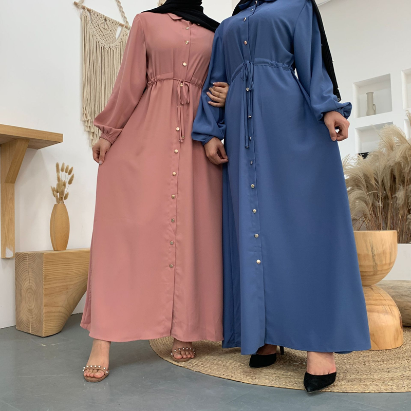 Roupas femininas nova moda muçulmana lapela cor sólida botão completo vestido fino saia longa_voghion.com