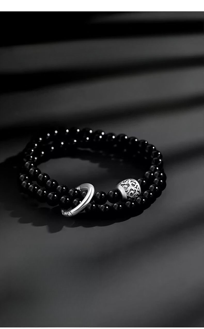 Chinese Pure Silver Bracelet Men With Obsidian Peace Buckle, Bracelet, Men's Jewelry, Birthday Gift For Boyfriend_voghion.com