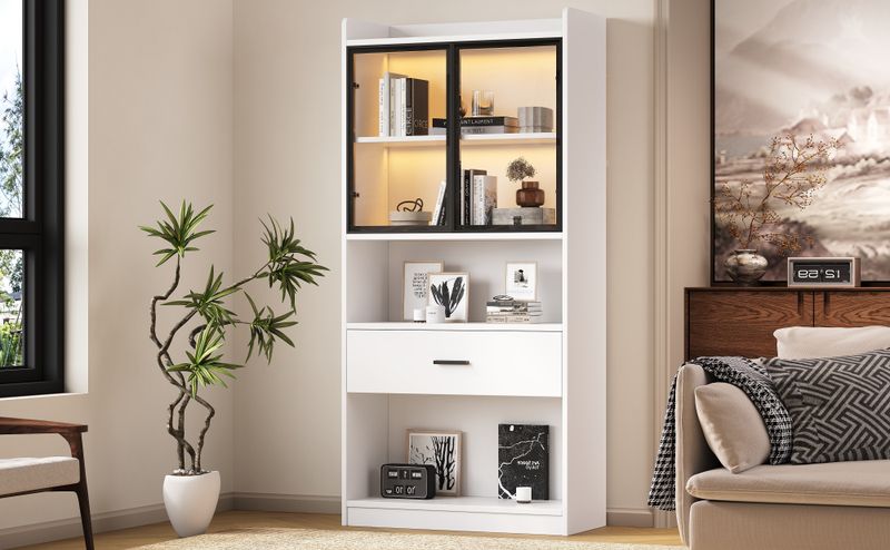 Armoire à curiosités lumineuse, étagères de rangement avec portes vitrées escamotables, grand tiroir et éclairage LED 16 couleurs, vitrine pour objets de collection, bibliothèque de salon, blanche avec cadre noir._voghion.com