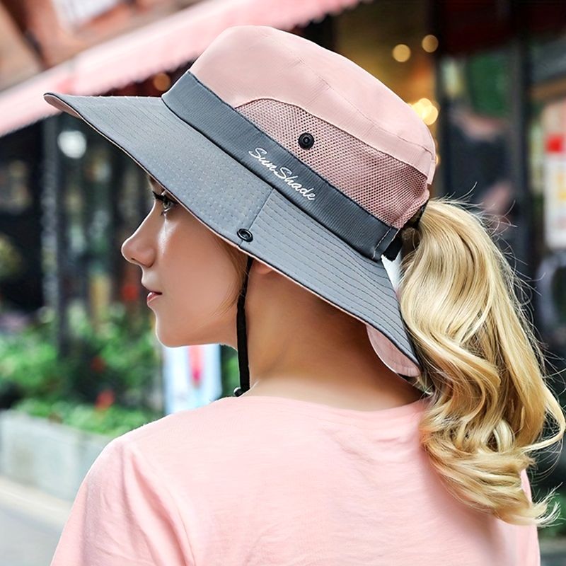 Vendita calda Donna Tesa Larga Cappelli da Pescatore Cappello da Esterno con Visiera a Coda di Cavallo Cappello da Viaggio Estivo Pesca Arrampicata Escursionismo Protezione UV Sole_voghion.com