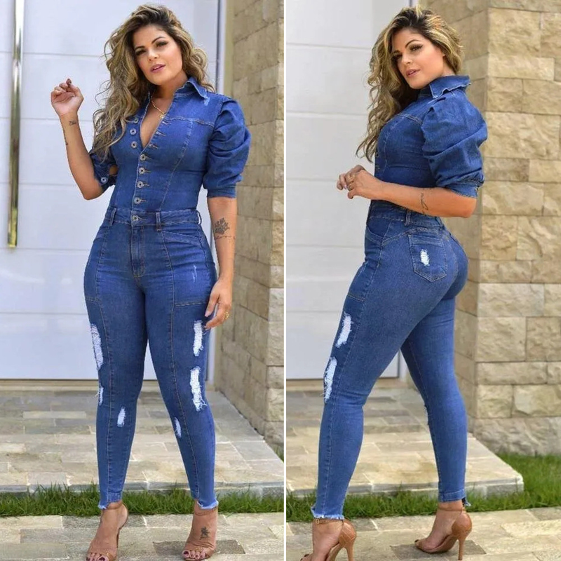 Dammode stack ärm bubbel ärm mode avslappnad sexig jeans rippa underbyxor_voghion.com
