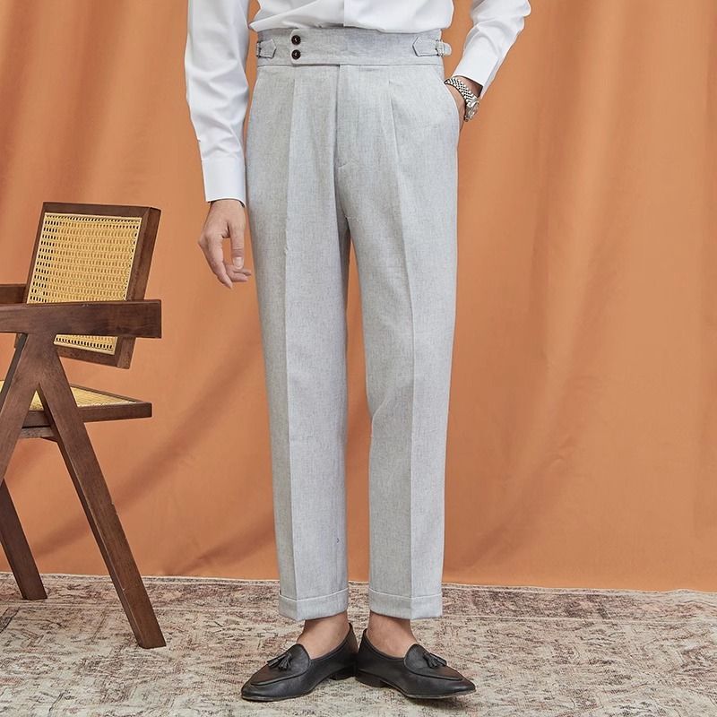 Calça reta masculina Nápoles de alta qualidade para trabalho e deslocamento, terno cinza claro_voghion.com